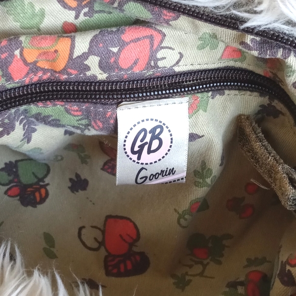 Vintage Faux Fur Burning Man Purse / Hobo Bag Thick Canvas Straps Brass Hardware - Picture 3 of 13